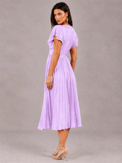 V-Neck A-Line Pleated Chiffon Tea-Length Wedding Guest Dress with Flutter Sleeves