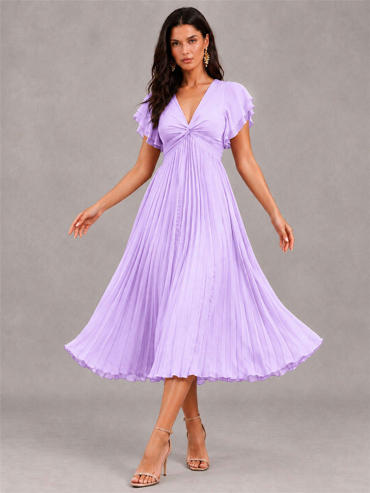 V-Neck A-Line Pleated Chiffon Tea-Length Wedding Guest Dress with Flutter Sleeves