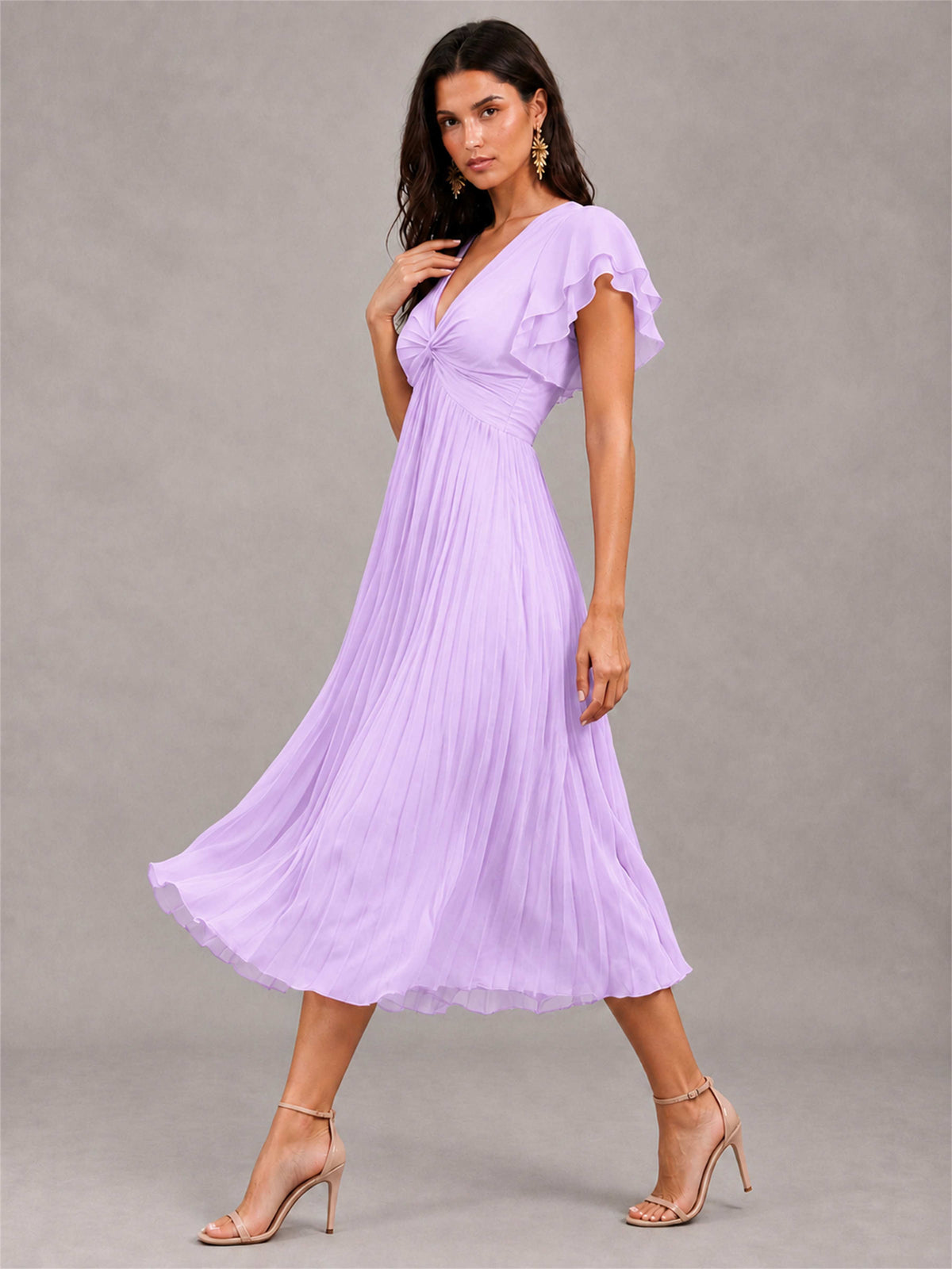 V-Neck A-Line Pleated Chiffon Tea-Length Wedding Guest Dress with Flutter Sleeves