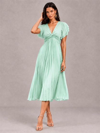 V-Neck A-Line Pleated Chiffon Tea-Length Wedding Guest Dress with Flutter Sleeves