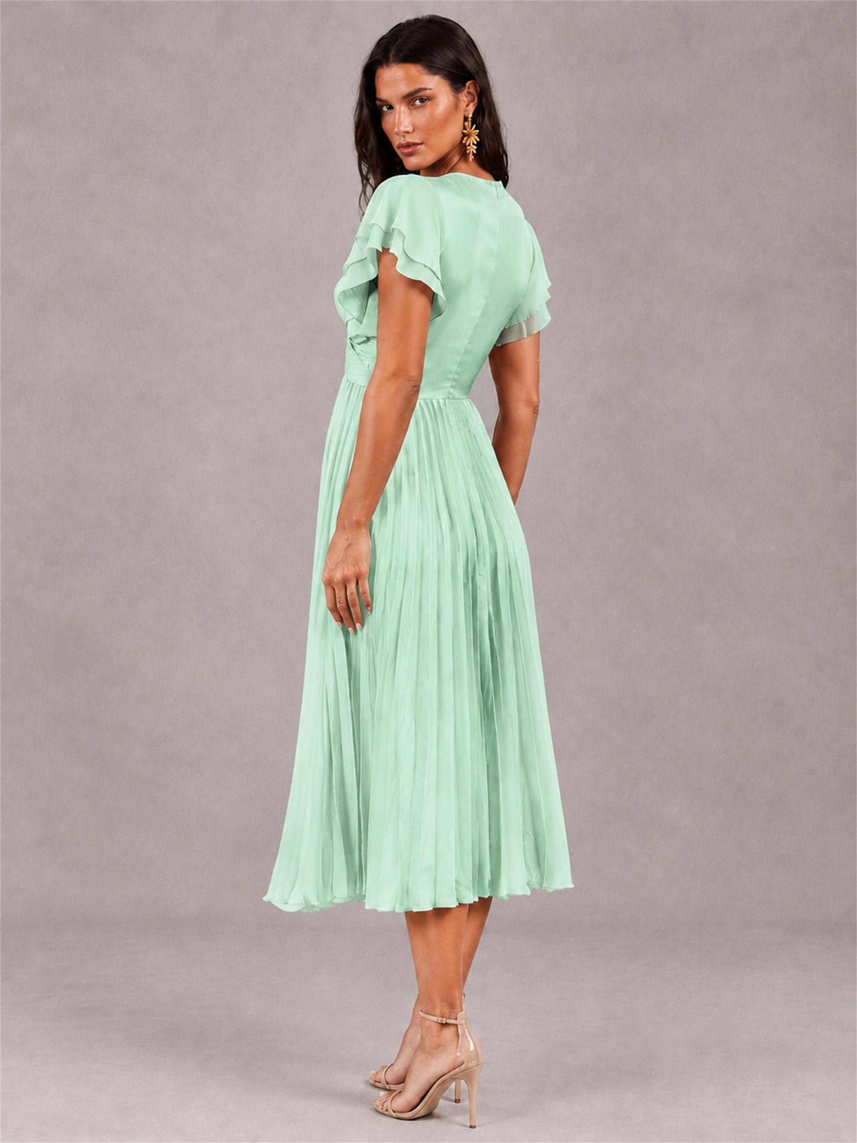V-Neck A-Line Pleated Chiffon Tea-Length Wedding Guest Dress with Flutter Sleeves