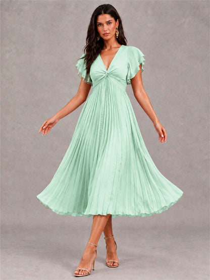 V-Neck A-Line Pleated Chiffon Tea-Length Wedding Guest Dress with Flutter Sleeves