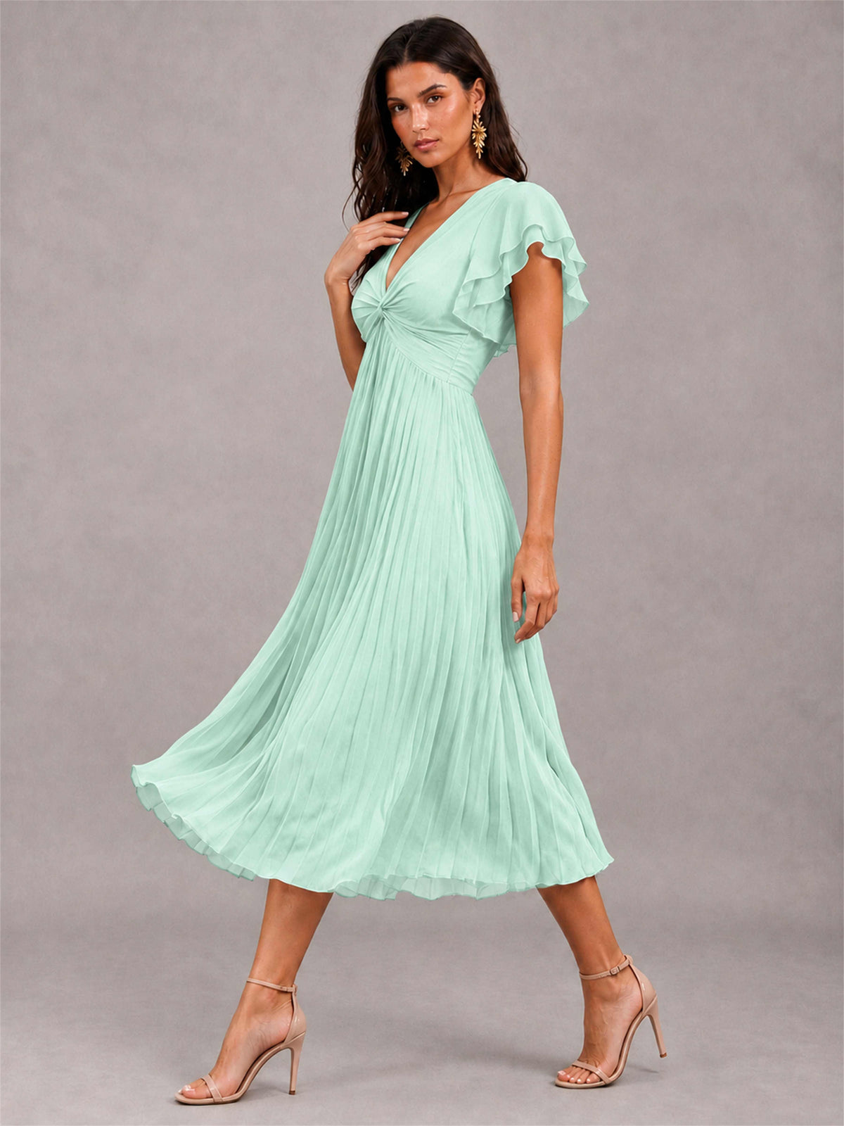 V-Neck A-Line Pleated Chiffon Tea-Length Wedding Guest Dress with Flutter Sleeves