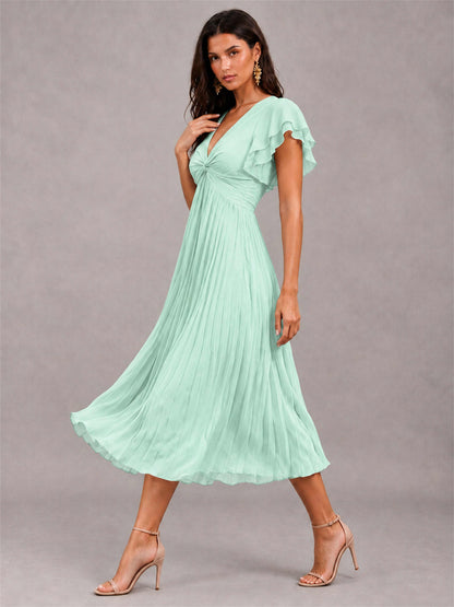 V-Neck A-Line Pleated Chiffon Tea-Length Wedding Guest Dress with Flutter Sleeves
