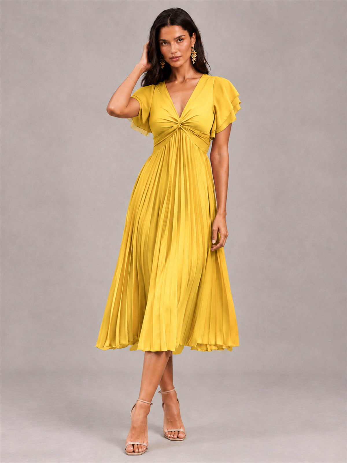 V-Neck A-Line Pleated Chiffon Tea-Length Wedding Guest Dress with Flutter Sleeves