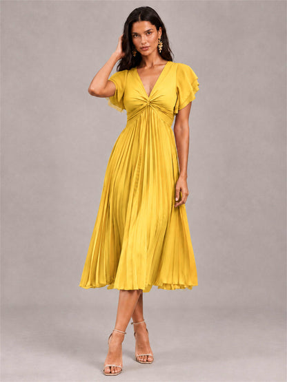 V-Neck A-Line Pleated Chiffon Tea-Length Wedding Guest Dress with Flutter Sleeves