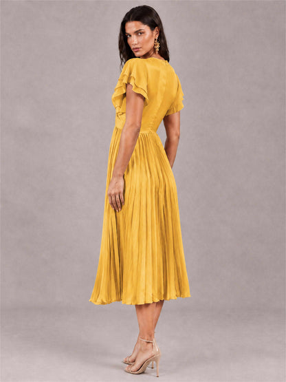 V-Neck A-Line Pleated Chiffon Tea-Length Wedding Guest Dress with Flutter Sleeves