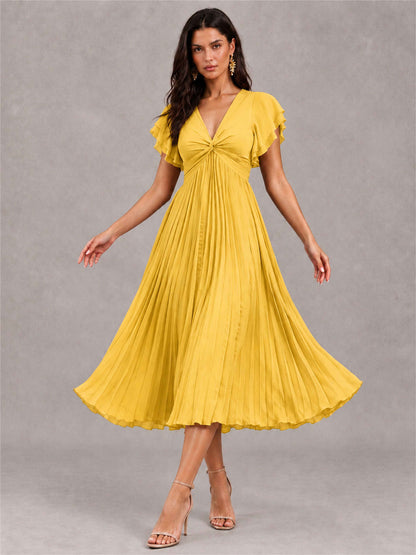 V-Neck A-Line Pleated Chiffon Tea-Length Wedding Guest Dress with Flutter Sleeves