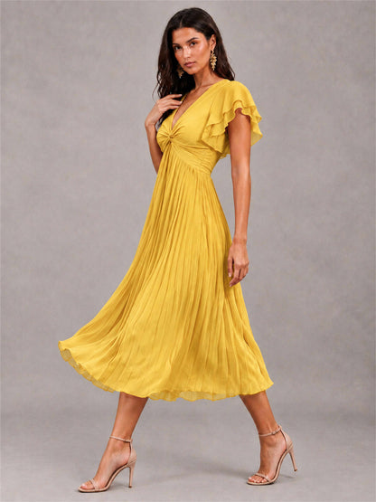 V-Neck A-Line Pleated Chiffon Tea-Length Wedding Guest Dress with Flutter Sleeves