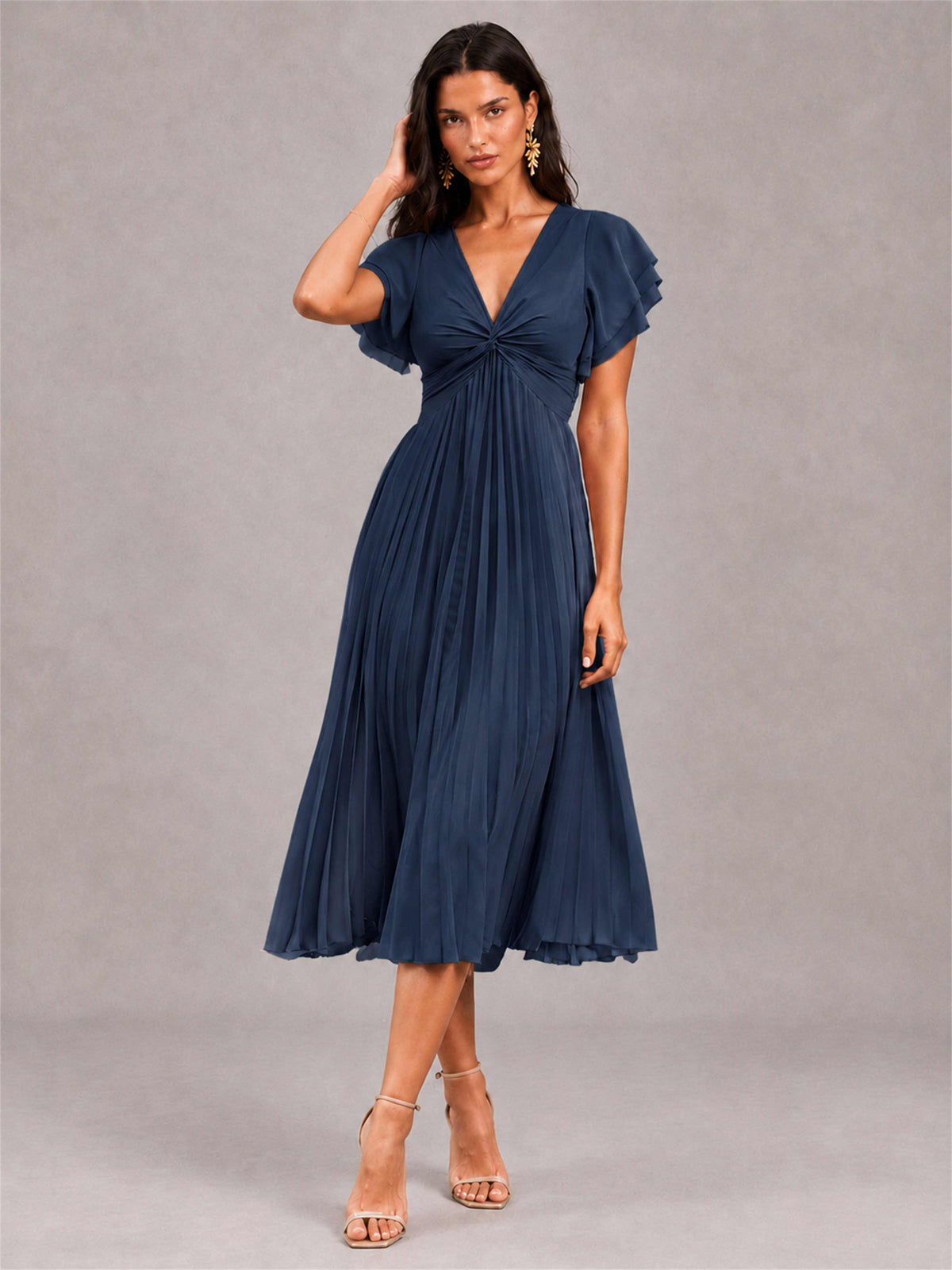 V-Neck A-Line Pleated Chiffon Tea-Length Wedding Guest Dress with Flutter Sleeves