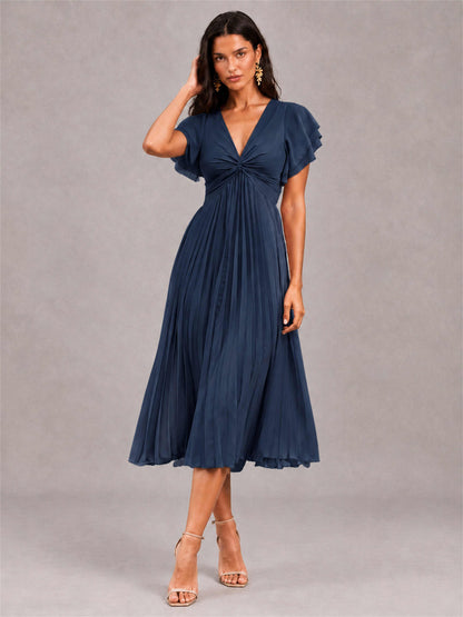 V-Neck A-Line Pleated Chiffon Tea-Length Wedding Guest Dress with Flutter Sleeves