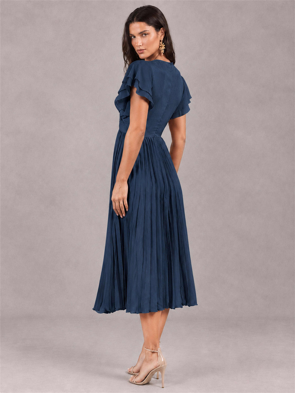 V-Neck A-Line Pleated Chiffon Tea-Length Wedding Guest Dress with Flutter Sleeves
