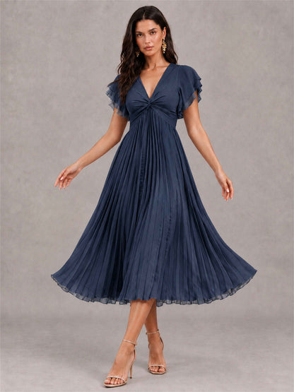 V-Neck A-Line Pleated Chiffon Tea-Length Wedding Guest Dress with Flutter Sleeves
