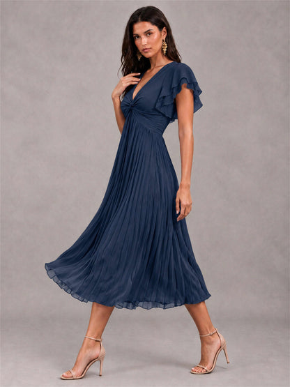 V-Neck A-Line Pleated Chiffon Tea-Length Wedding Guest Dress with Flutter Sleeves