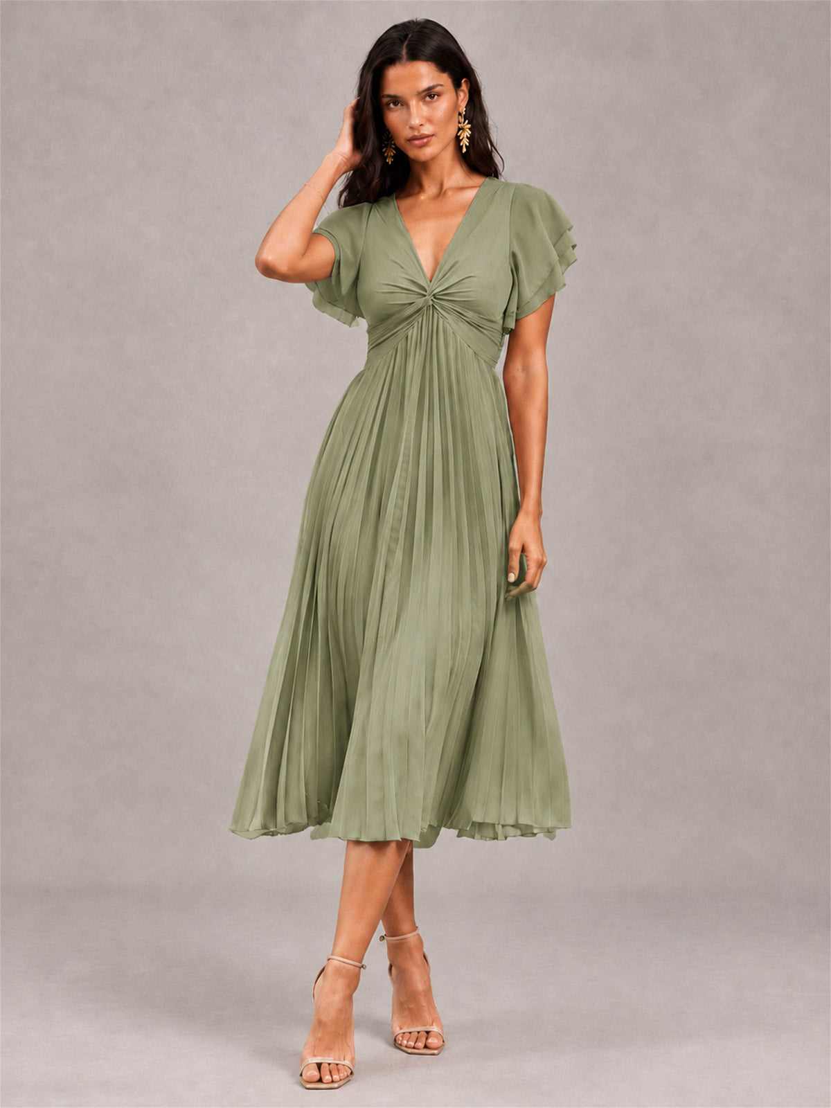 V-Neck A-Line Pleated Chiffon Tea-Length Wedding Guest Dress with Flutter Sleeves