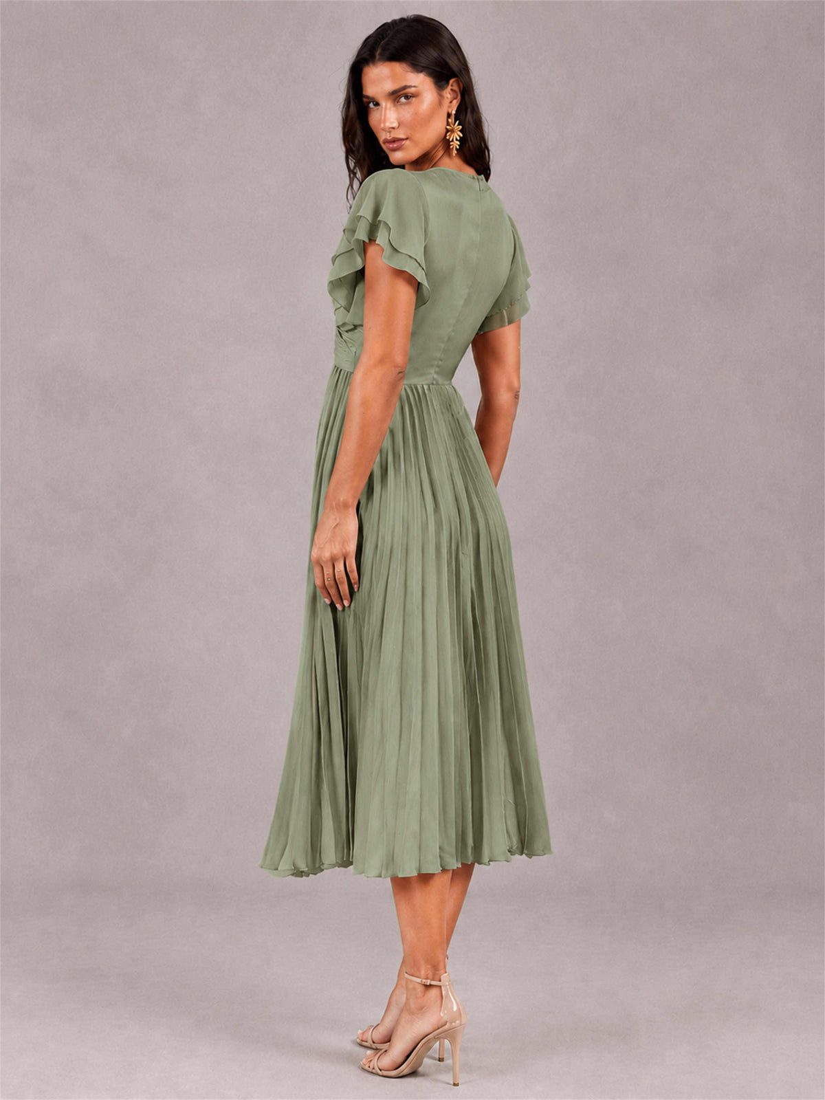 V-Neck A-Line Pleated Chiffon Tea-Length Wedding Guest Dress with Flutter Sleeves