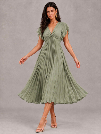 V-Neck A-Line Pleated Chiffon Tea-Length Wedding Guest Dress with Flutter Sleeves