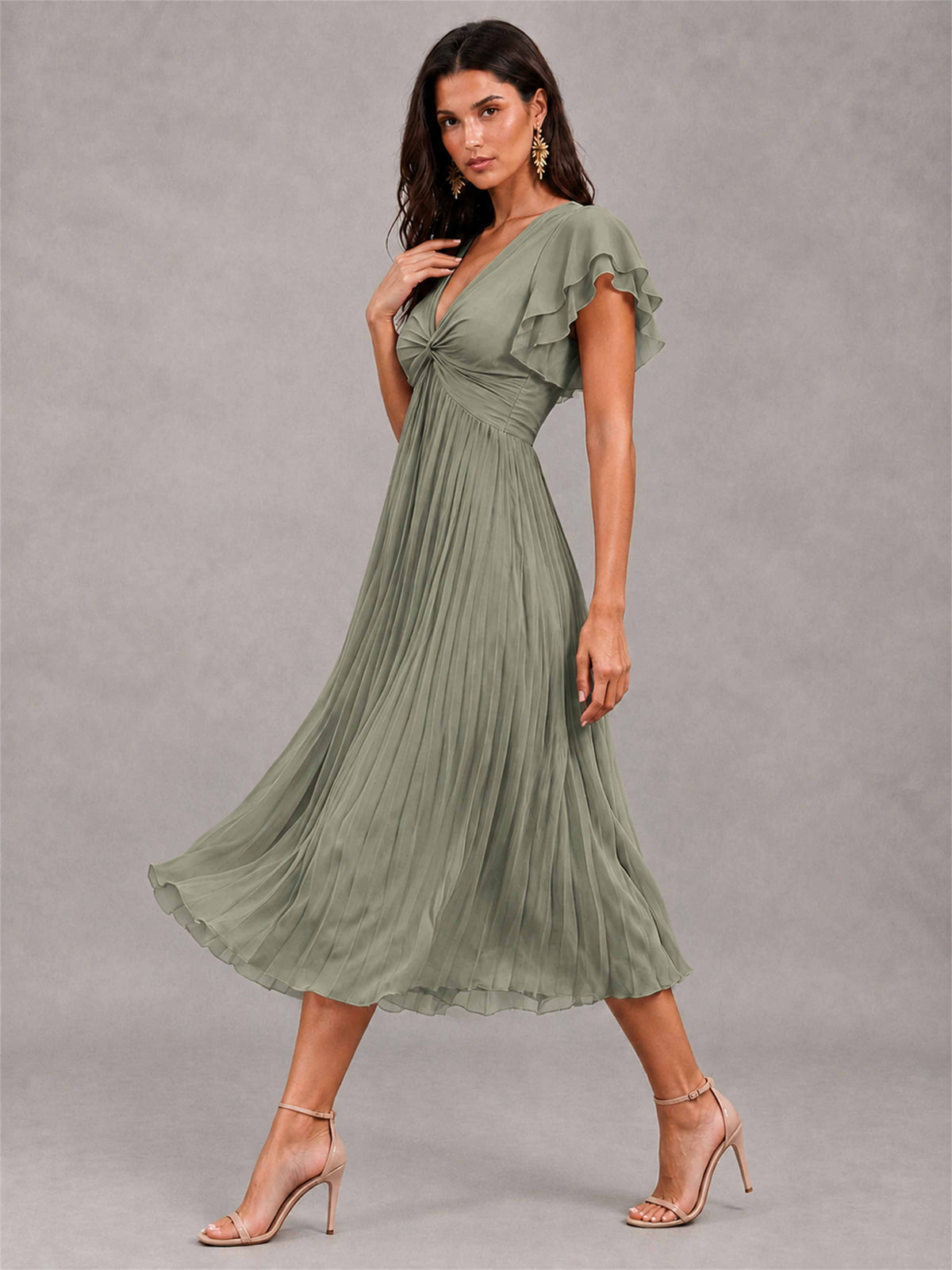 V-Neck A-Line Pleated Chiffon Tea-Length Wedding Guest Dress with Flutter Sleeves
