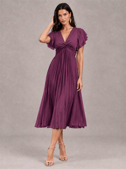 V-Neck A-Line Pleated Chiffon Tea-Length Wedding Guest Dress with Flutter Sleeves