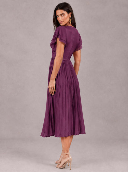 V-Neck A-Line Pleated Chiffon Tea-Length Wedding Guest Dress with Flutter Sleeves