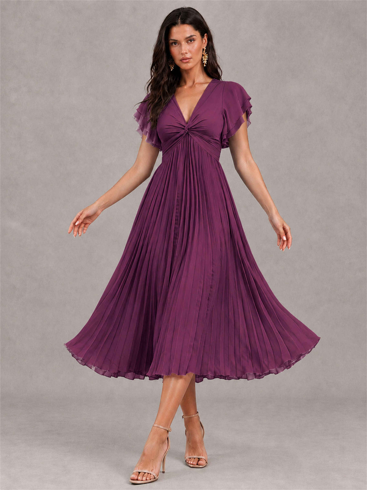V-Neck A-Line Pleated Chiffon Tea-Length Wedding Guest Dress with Flutter Sleeves