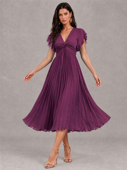 V-Neck A-Line Pleated Chiffon Tea-Length Wedding Guest Dress with Flutter Sleeves