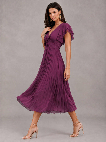 V-Neck A-Line Pleated Chiffon Tea-Length Wedding Guest Dress with Flutter Sleeves