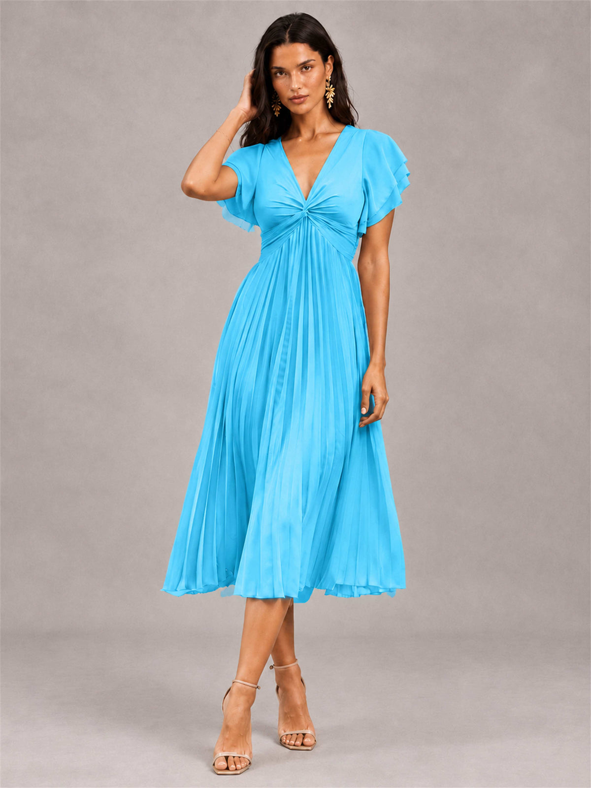 V-Neck A-Line Pleated Chiffon Tea-Length Wedding Guest Dress with Flutter Sleeves