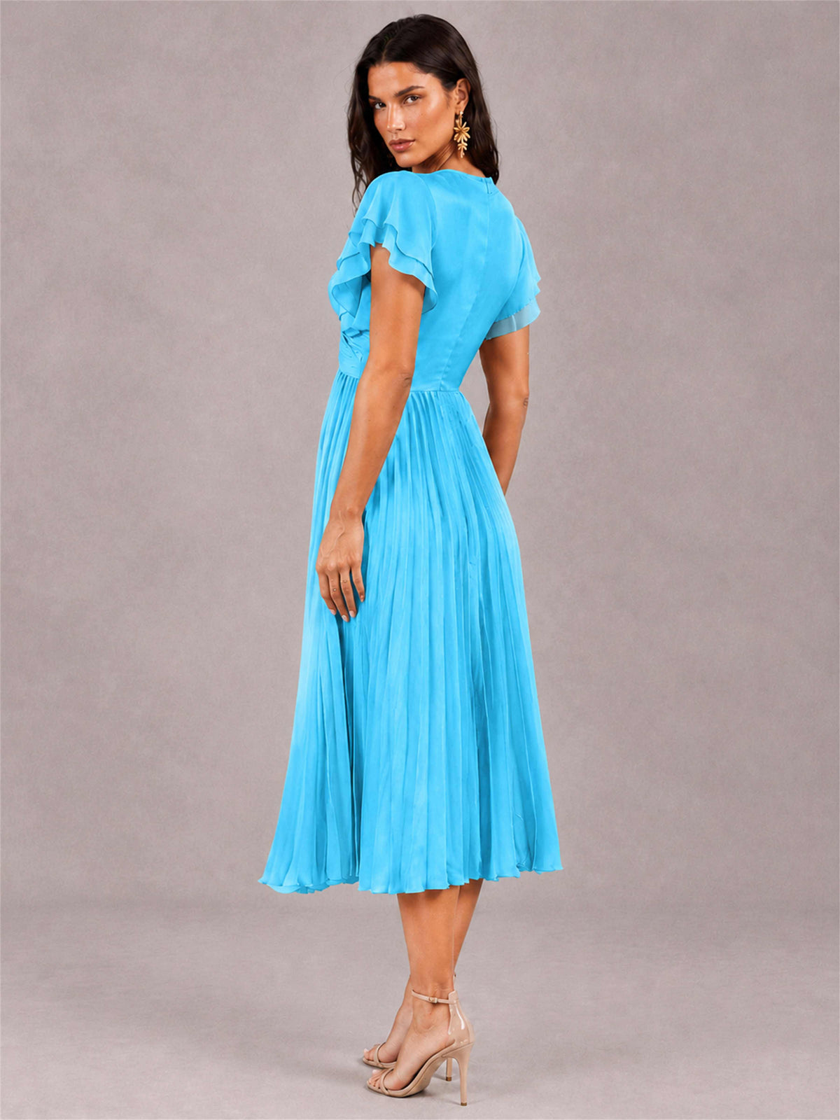 V-Neck A-Line Pleated Chiffon Tea-Length Wedding Guest Dress with Flutter Sleeves