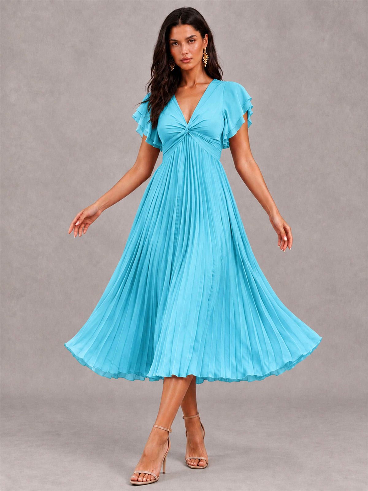 V-Neck A-Line Pleated Chiffon Tea-Length Wedding Guest Dress with Flutter Sleeves