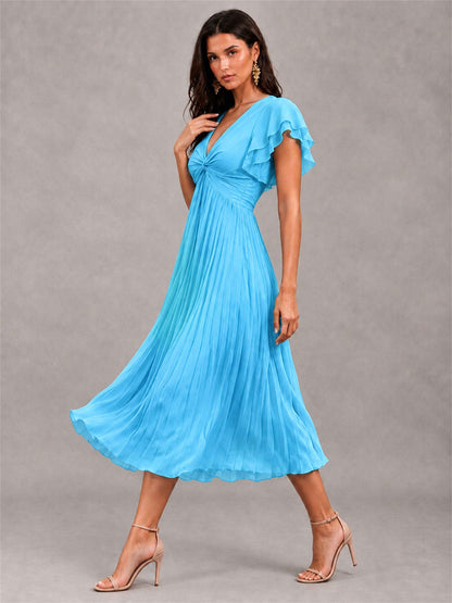 V-Neck A-Line Pleated Chiffon Tea-Length Wedding Guest Dress with Flutter Sleeves