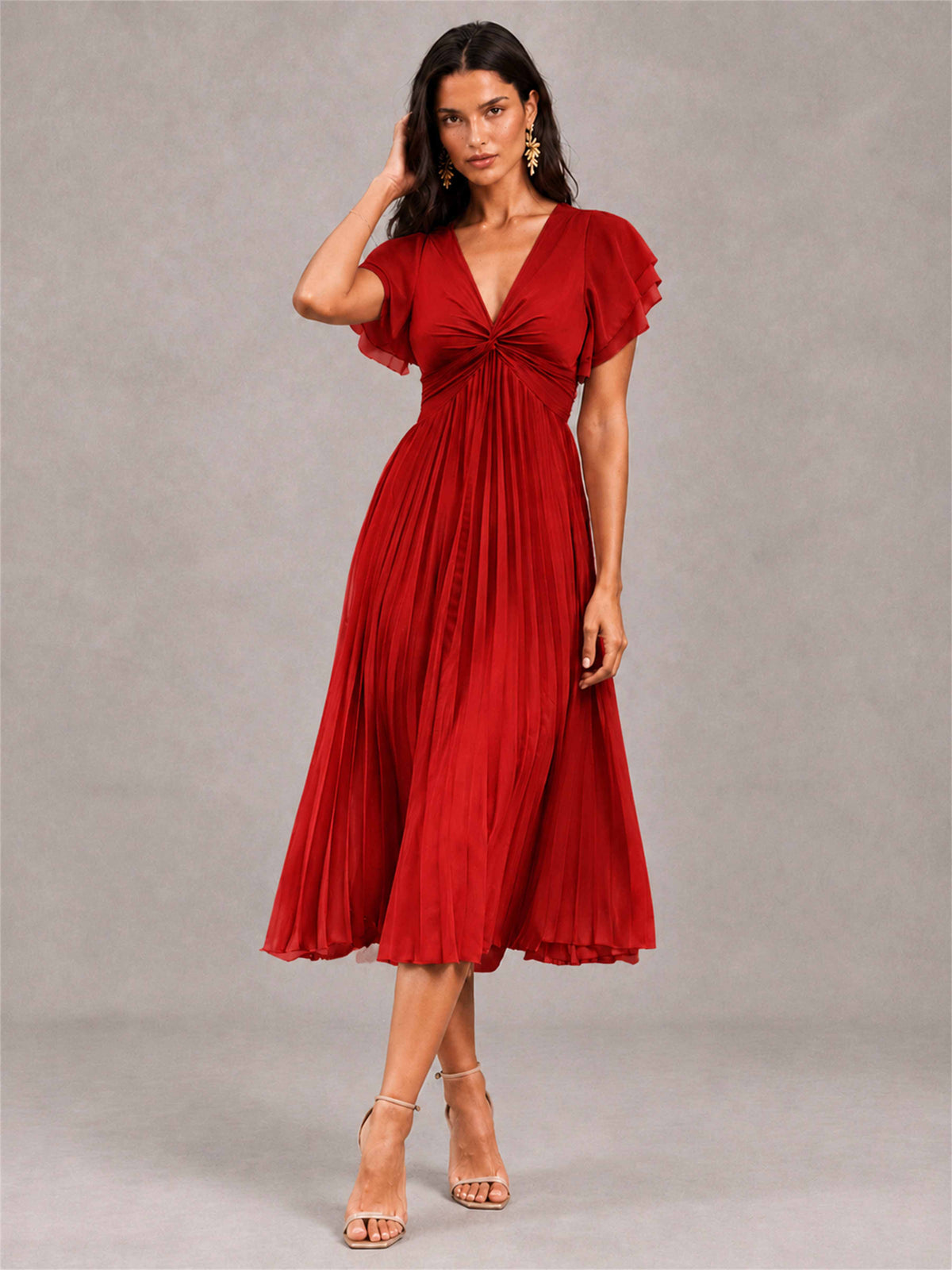 V-Neck A-Line Pleated Chiffon Tea-Length Wedding Guest Dress with Flutter Sleeves