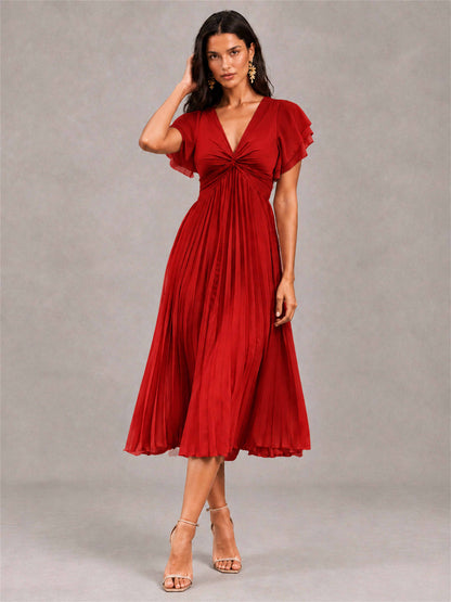 V-Neck A-Line Pleated Chiffon Tea-Length Wedding Guest Dress with Flutter Sleeves