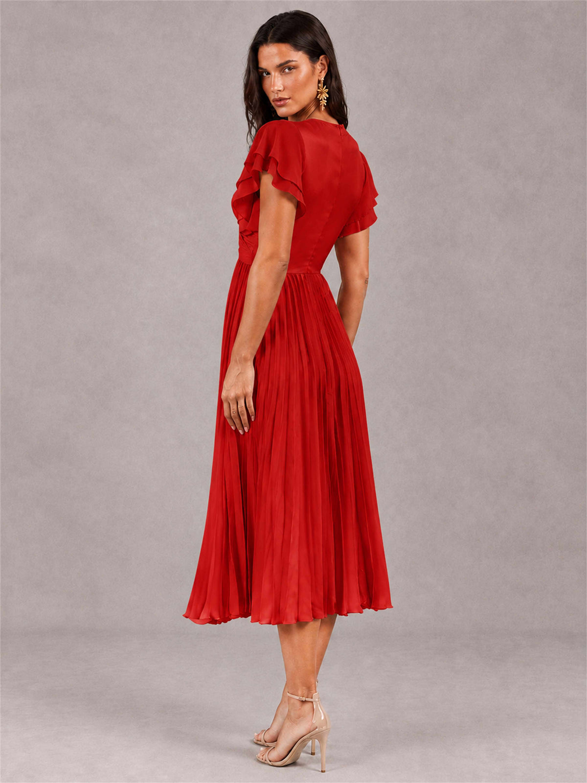 V-Neck A-Line Pleated Chiffon Tea-Length Wedding Guest Dress with Flutter Sleeves