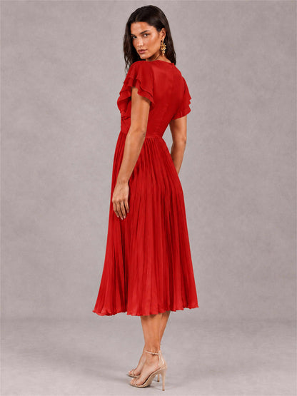 V-Neck A-Line Pleated Chiffon Tea-Length Wedding Guest Dress with Flutter Sleeves