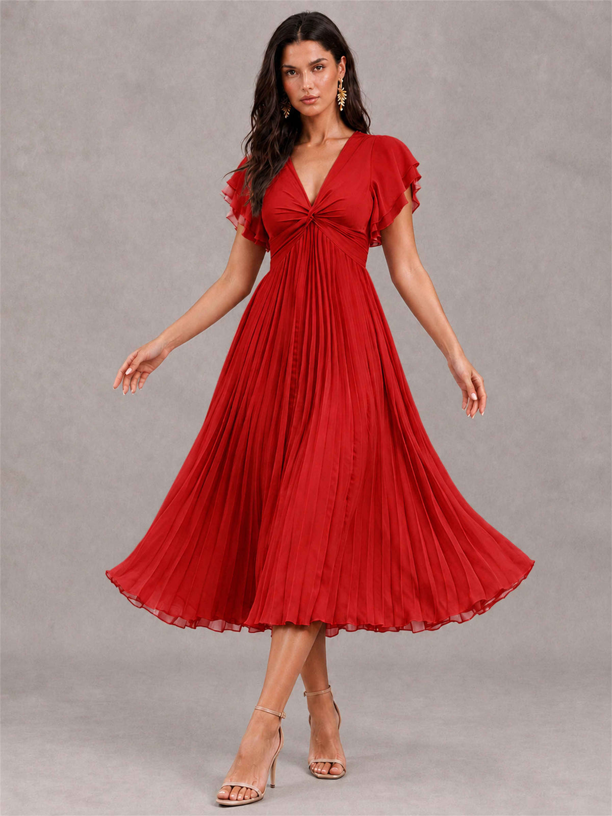 V-Neck A-Line Pleated Chiffon Tea-Length Wedding Guest Dress with Flutter Sleeves