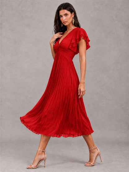 V-Neck A-Line Pleated Chiffon Tea-Length Wedding Guest Dress with Flutter Sleeves
