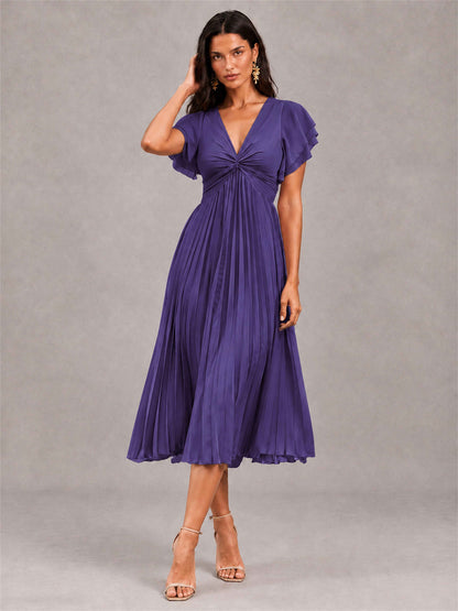 V-Neck A-Line Pleated Chiffon Tea-Length Wedding Guest Dress with Flutter Sleeves