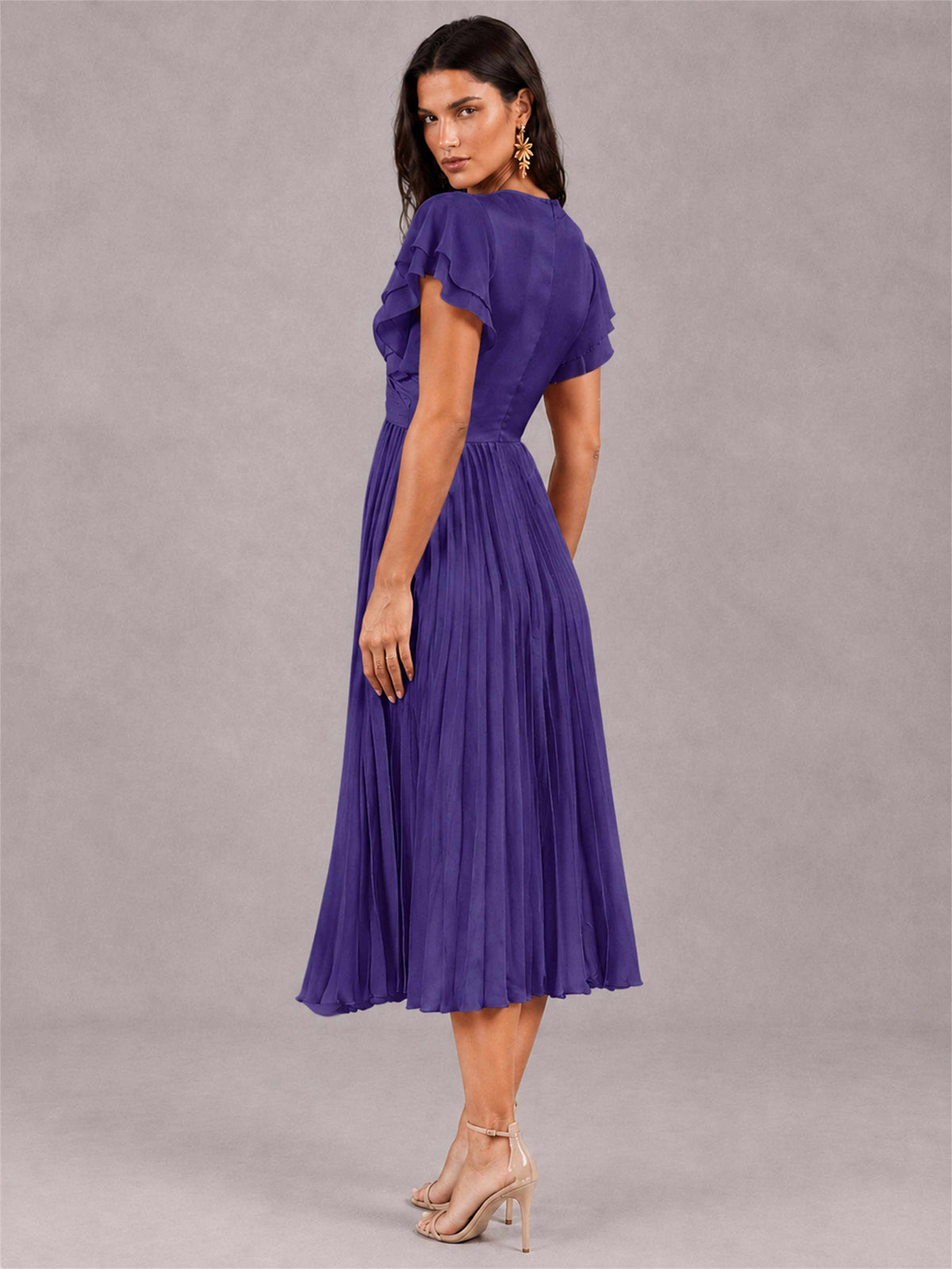 V-Neck A-Line Pleated Chiffon Tea-Length Wedding Guest Dress with Flutter Sleeves