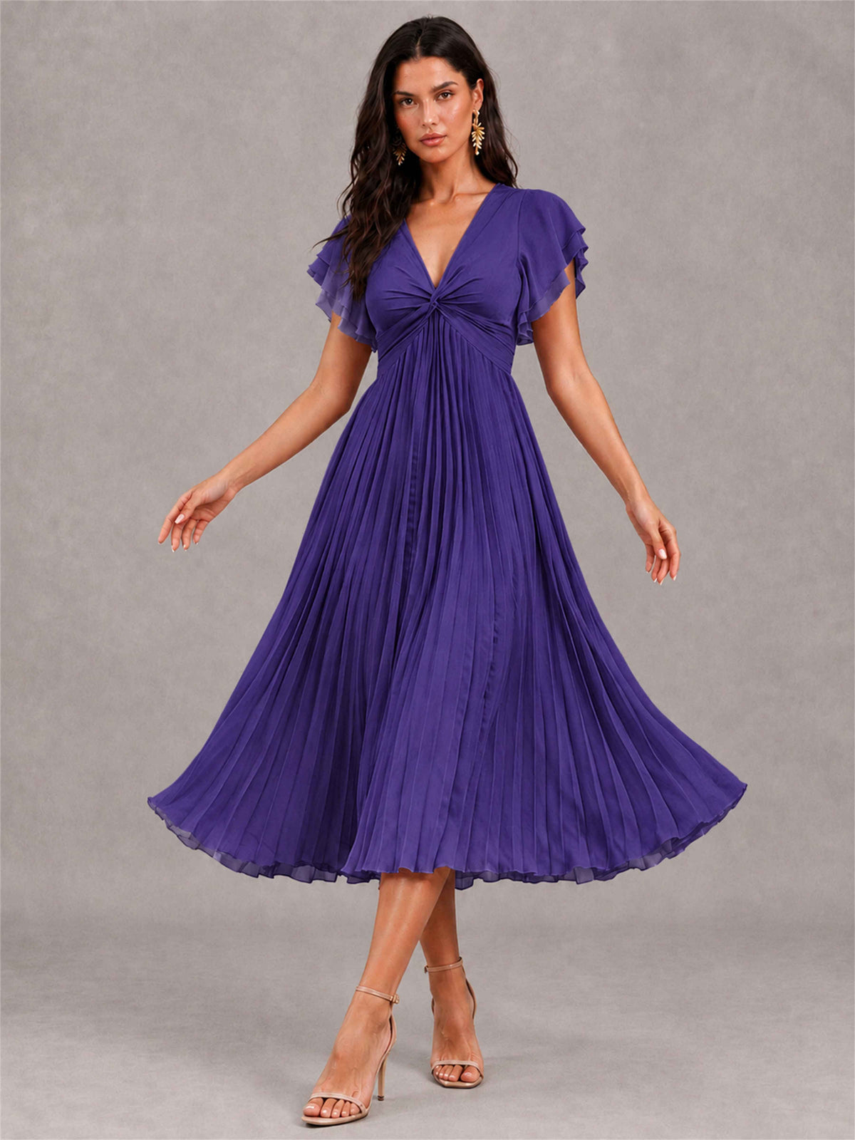 V-Neck A-Line Pleated Chiffon Tea-Length Wedding Guest Dress with Flutter Sleeves