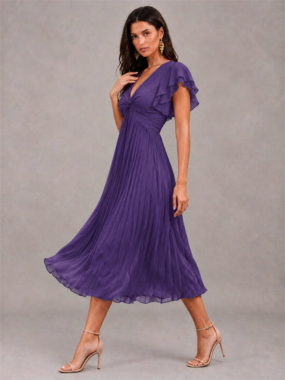 V-Neck A-Line Pleated Chiffon Tea-Length Wedding Guest Dress with Flutter Sleeves