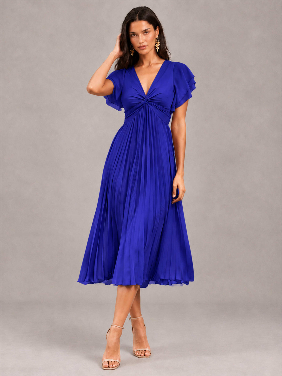 V-Neck A-Line Pleated Chiffon Tea-Length Wedding Guest Dress with Flutter Sleeves