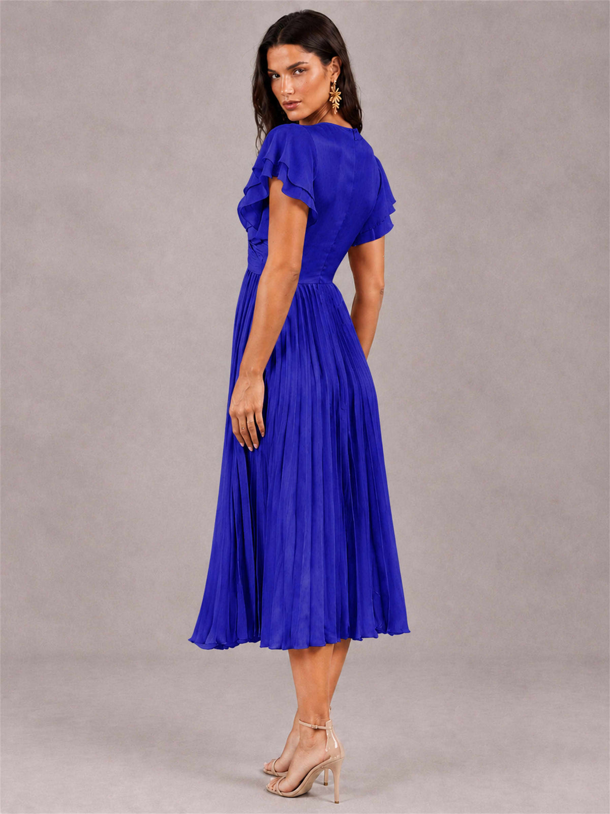 V-Neck A-Line Pleated Chiffon Tea-Length Wedding Guest Dress with Flutter Sleeves