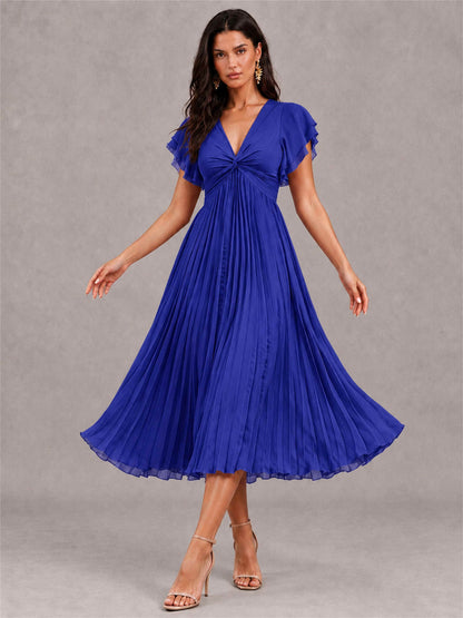 V-Neck A-Line Pleated Chiffon Tea-Length Wedding Guest Dress with Flutter Sleeves