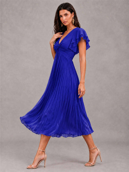 V-Neck A-Line Pleated Chiffon Tea-Length Wedding Guest Dress with Flutter Sleeves