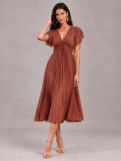 V-Neck A-Line Pleated Chiffon Tea-Length Wedding Guest Dress with Flutter Sleeves