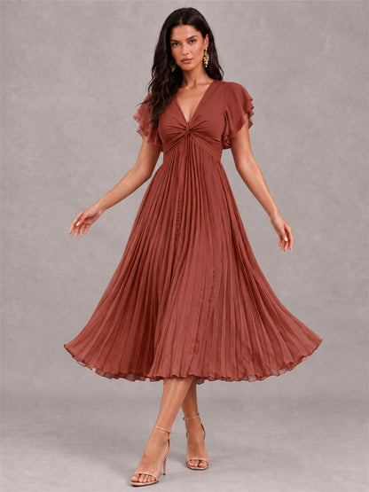 V-Neck A-Line Pleated Chiffon Tea-Length Wedding Guest Dress with Flutter Sleeves