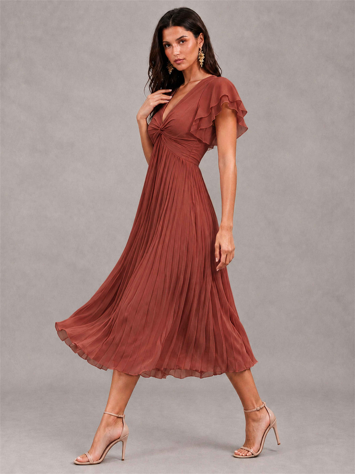 V-Neck A-Line Pleated Chiffon Tea-Length Wedding Guest Dress with Flutter Sleeves