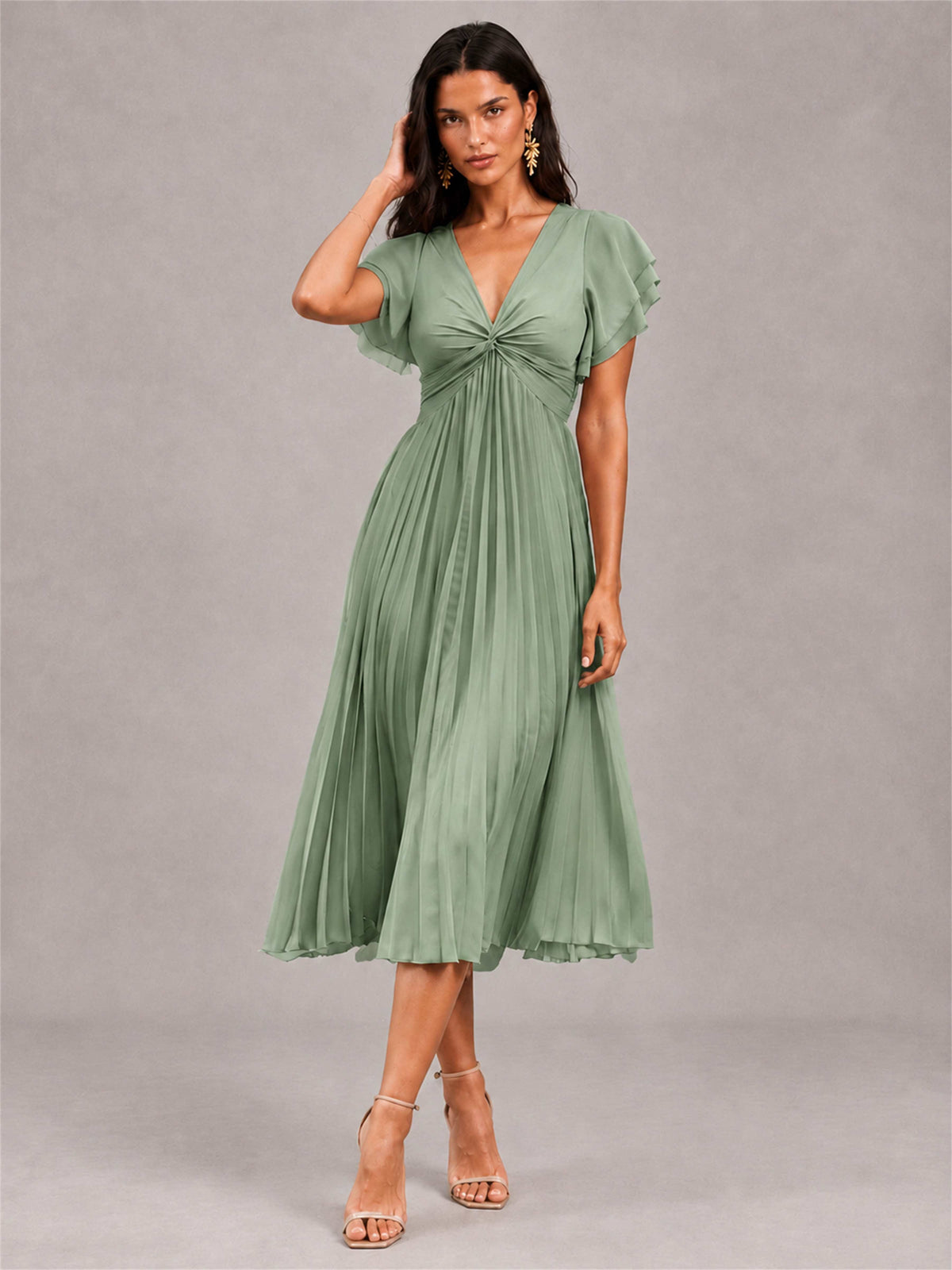 V-Neck A-Line Pleated Chiffon Tea-Length Wedding Guest Dress with Flutter Sleeves