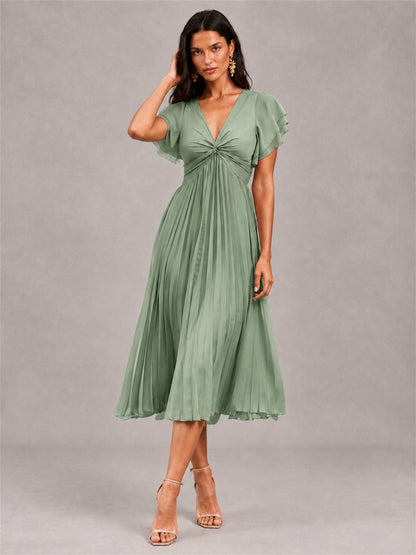 V-Neck A-Line Pleated Chiffon Tea-Length Wedding Guest Dress with Flutter Sleeves